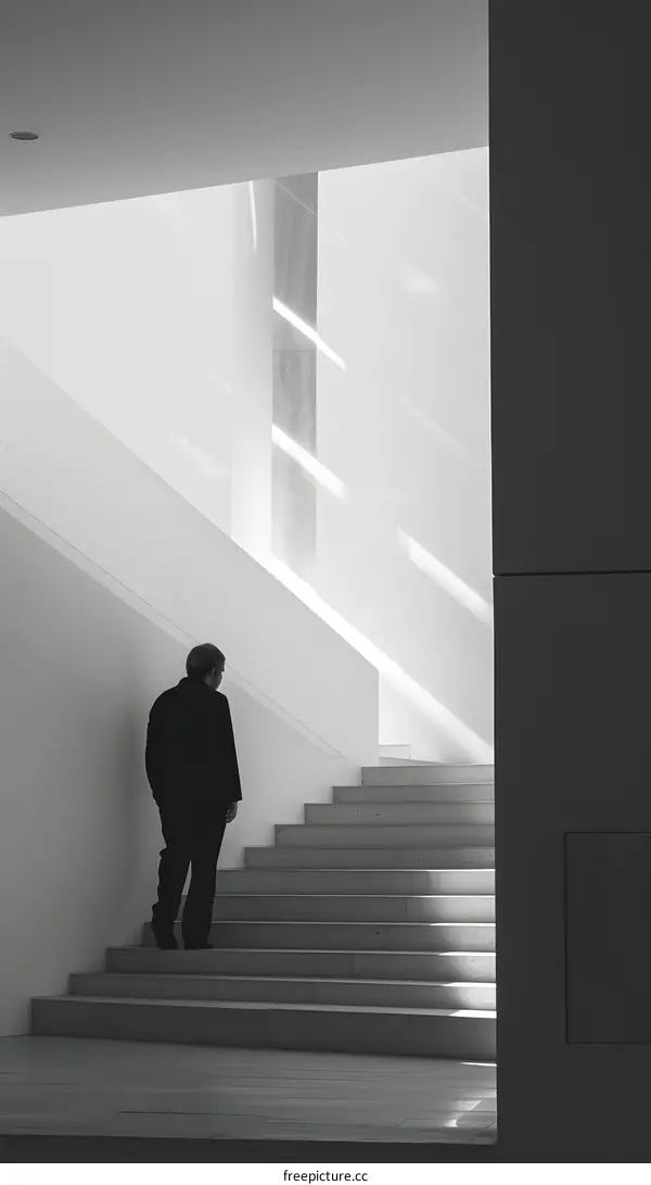 Man Walking Up Concrete Stairs in Modern Building