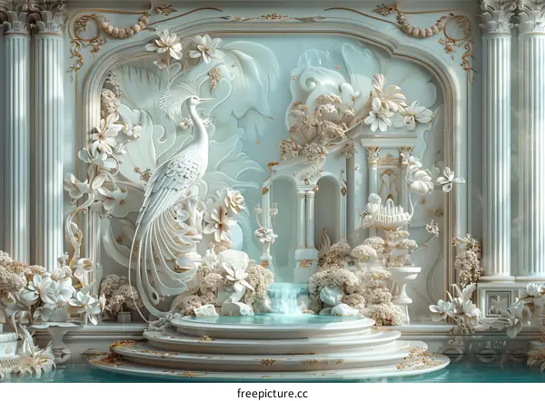 3D rendering of a peacock in a classical architectural setting