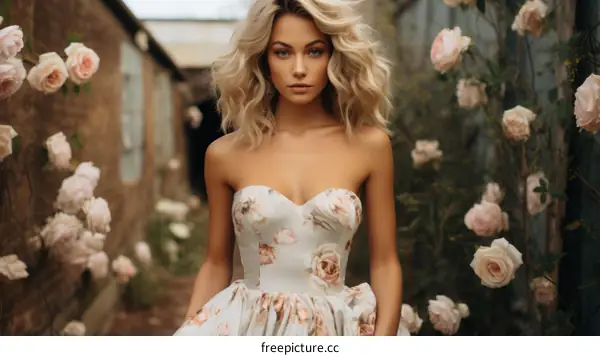 Elegant woman in a floral dress standing in a garden