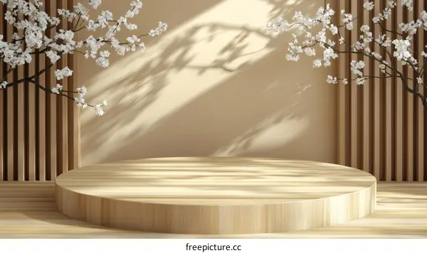 Elegant Wooden Podium Display with Cherry Blossom Decor