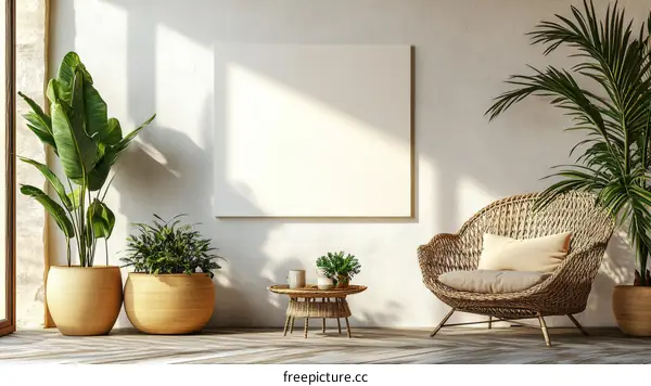 Modern Boho Living Room Mockup with Plants and Wicker Furniture