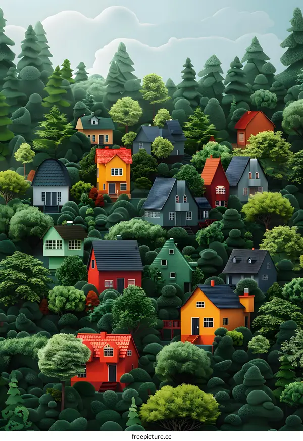 Colorful houses nestled in the greenery of a dense forest