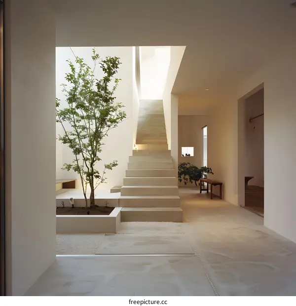 Modern Minimalist Interior Design With Concrete Stairs And Indoor Plants