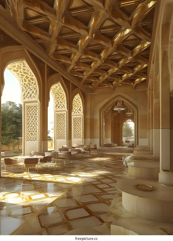 Golden Interior Design of a Palace with Arches and Geometric Patterns