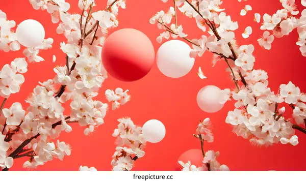 White Cherry Blossom Flowers and Pink and White Orbs on Red Background