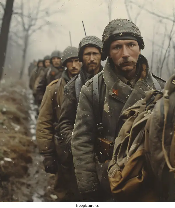 A group of soldiers march through a snowy forest during World War II