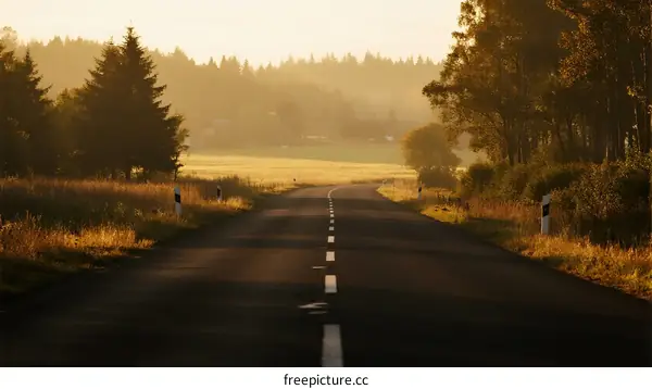A peaceful road surrounded by lush trees and golden fields at sunrise
