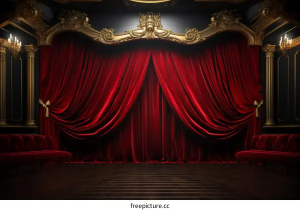Red velvet theater curtains with golden decorations on a dark background