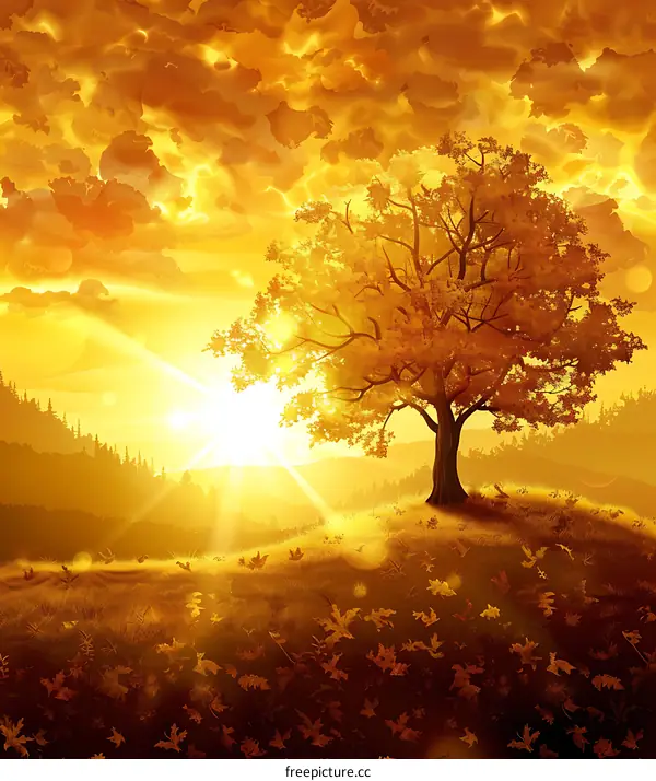 Golden Tree Landscape with Sunset