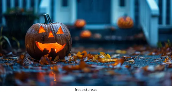Spooky Halloween Pumpkin in the Rain