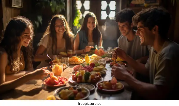 Multi-ethnic group of friends enjoying a delicious meal together
