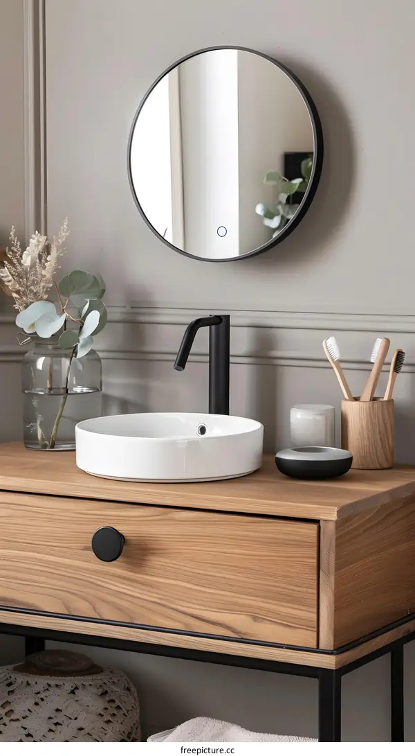 Modern Bathroom Vanity with Round Mirror and Black Faucet