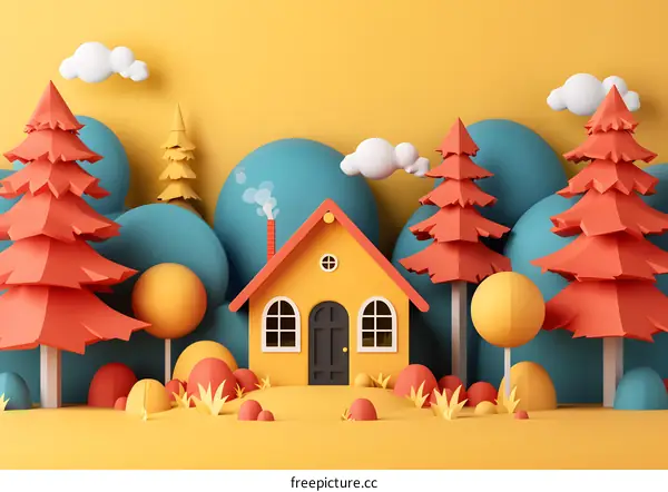 A small yellow house in an autumn forest