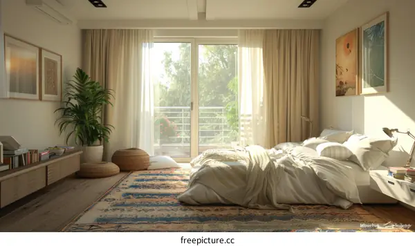 Spacious Bedroom with Large Bed, Rug, and Potted Plant