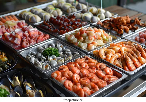 Assortment of Fresh Seafood on Ice Trays