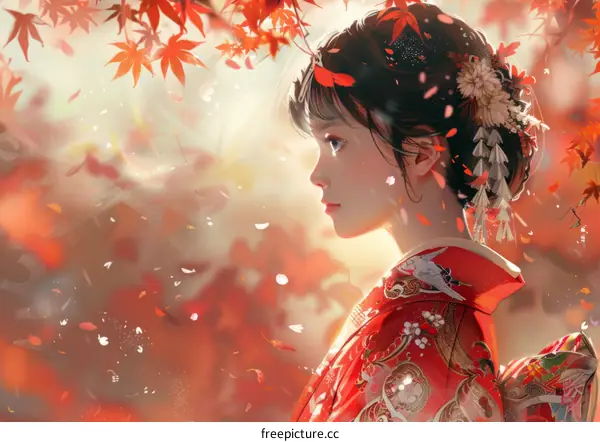 A woman in a red kimono standing in a field of red maple leaves.