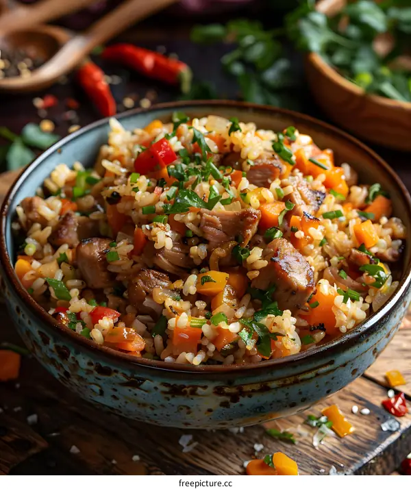 Pork and rice dish in a bowl