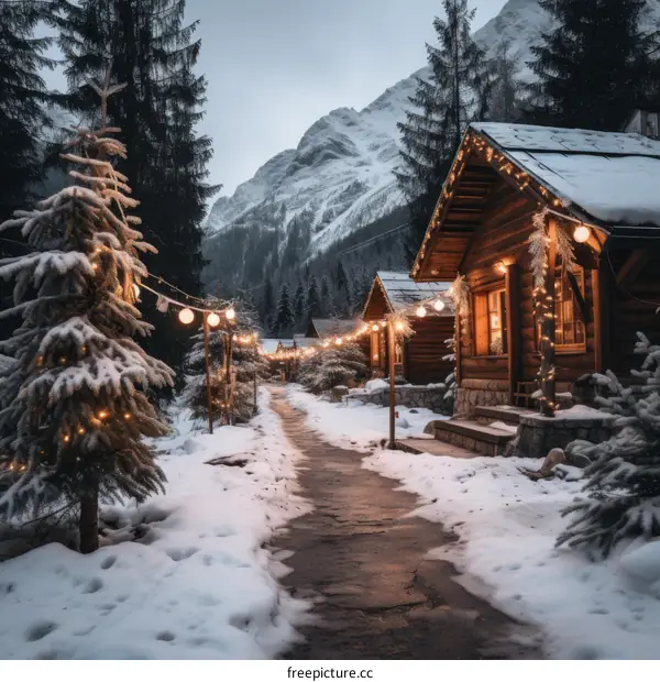 Snowy Path to a Cozy Cabin in the Woods