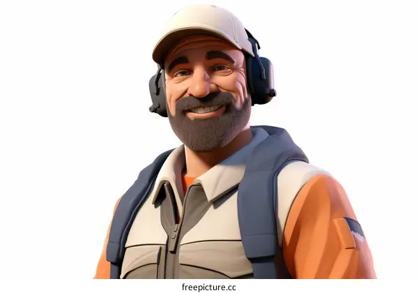 Happy construction worker wearing hardhat and headphones