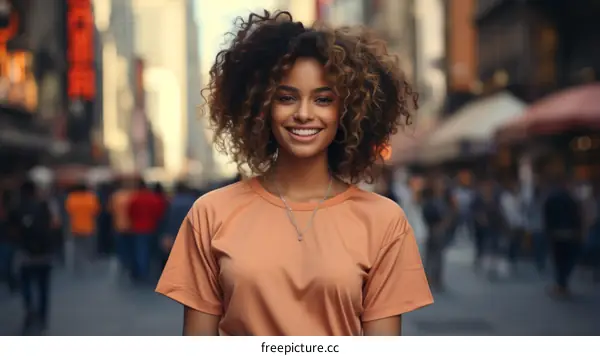 Portrait of a young woman with curly hair smiling in the street