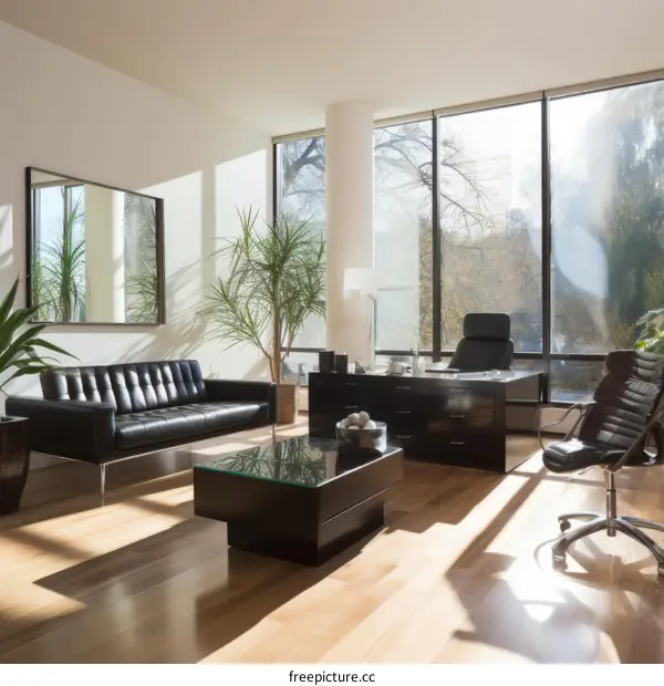 A modern office with a large desk, a comfortable sofa, and a beautiful view