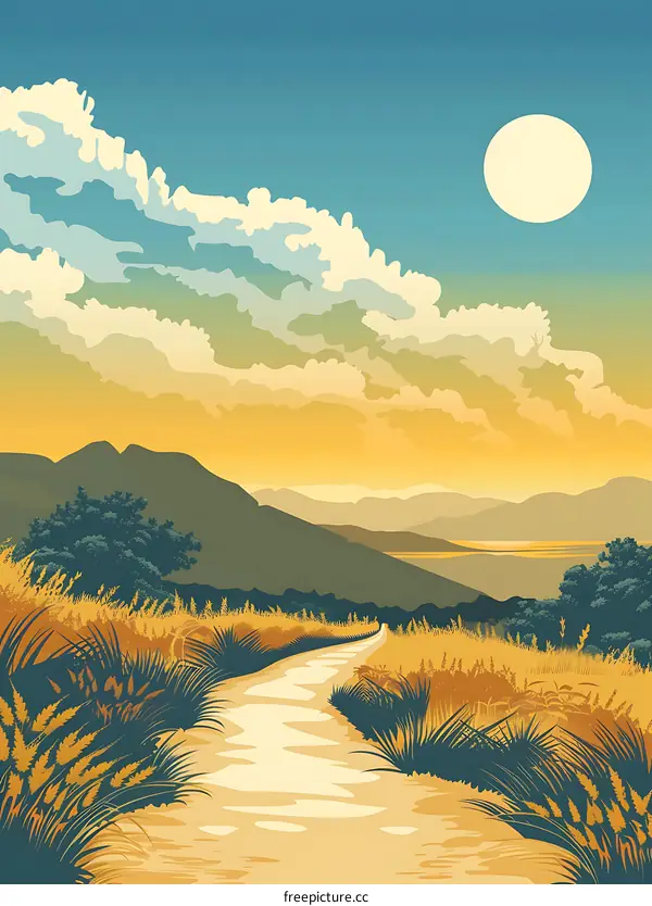 Mountain Landscape with Winding Road and Cloudy Sky