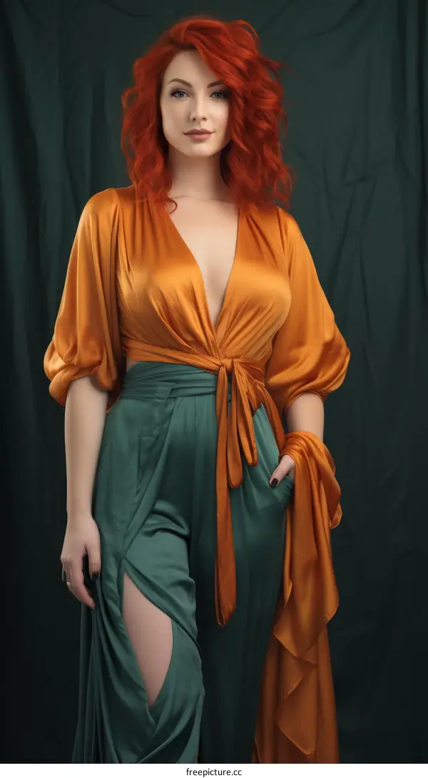 Redhead Woman in Orange and Green Ensemble