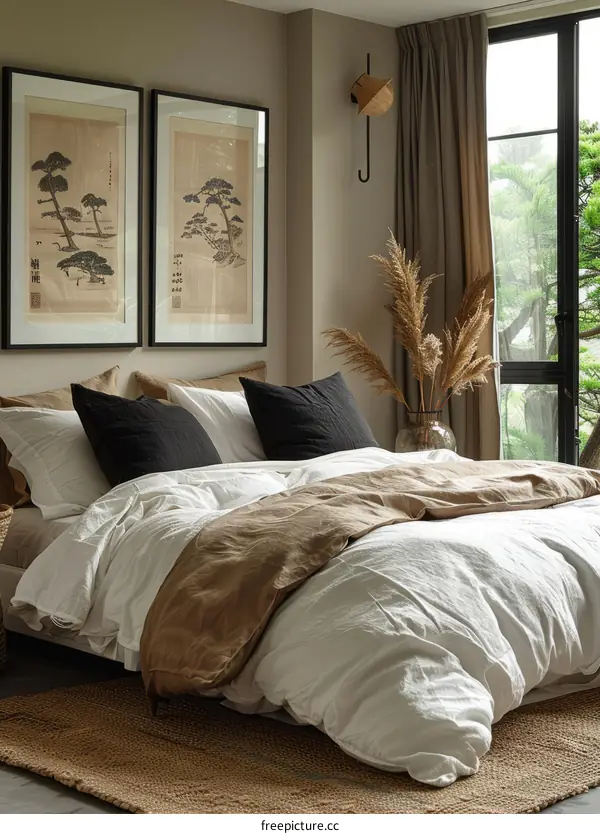 A bedroom with a large bed, a rug, and two paintings on the wall