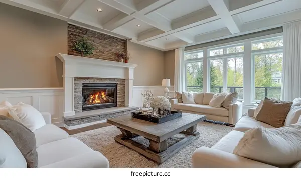 Modern Living Room with Fireplace and Large Windows