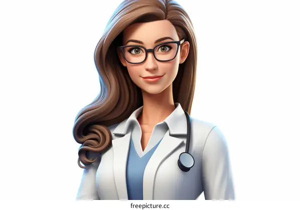 A female doctor with brown hair and glasses is wearing a white lab coat and stethoscope.