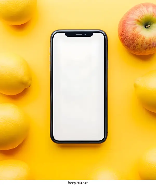 Blank Screen Smartphone Mockup With Fresh Lemons And Apple