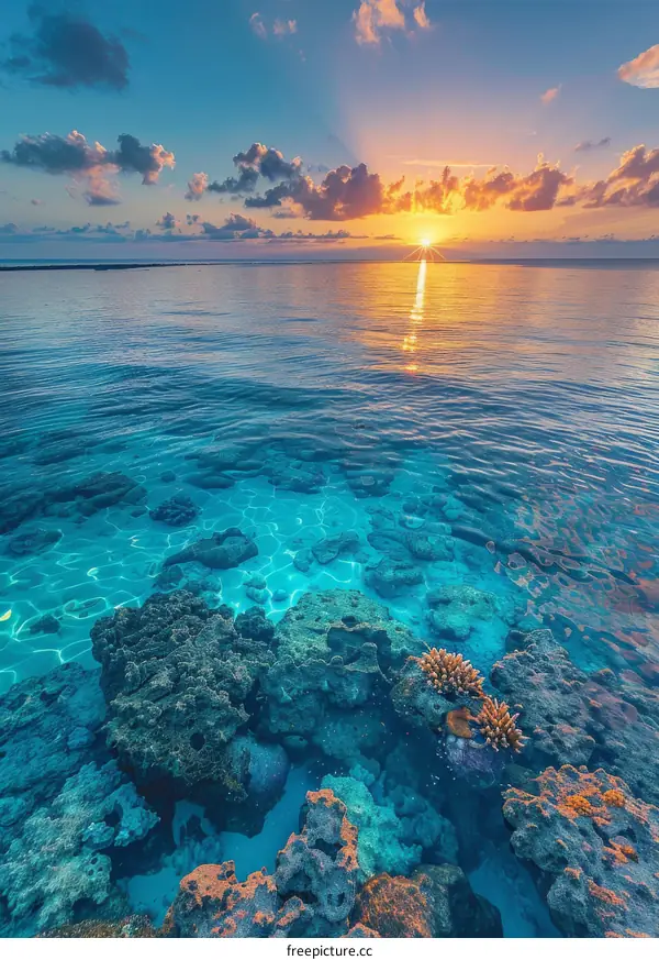 Amazing Beautiful Ocean Sunset Underwater Colorful Coral Reef Scenery