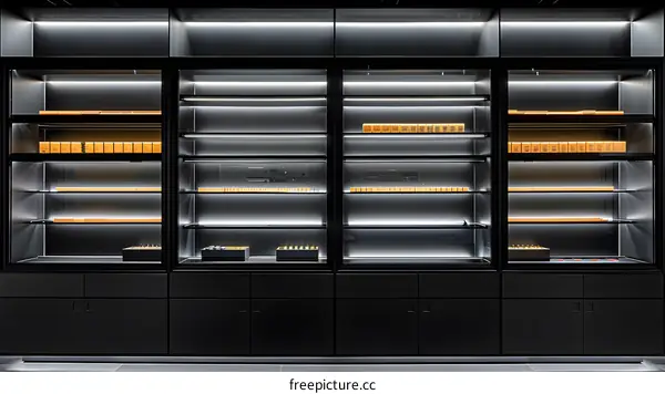 Black and Gold Display Shelves with Glass Doors