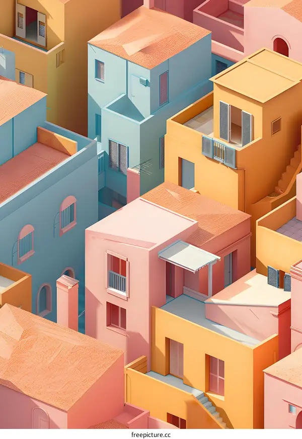 Minimalist Illustration of Colorful Houses in a City