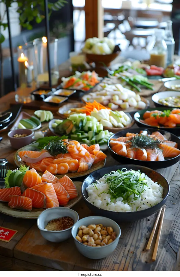 Close Up of a Table Spread with Various Dishes of Japanese Cuisine