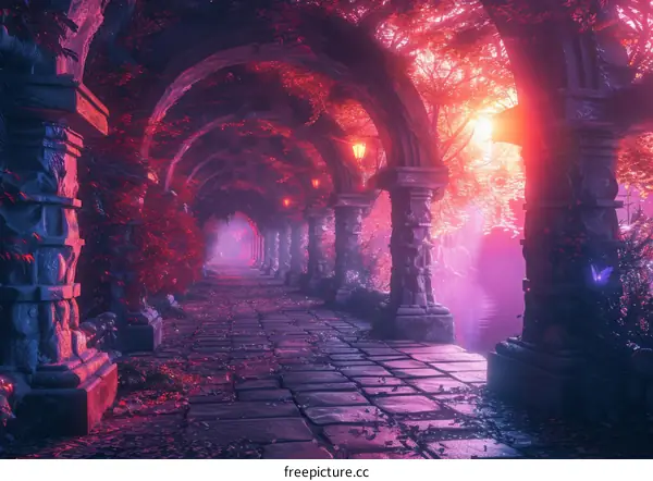 Fantasy Landscape with Stone Archway and Glowing Pink Trees