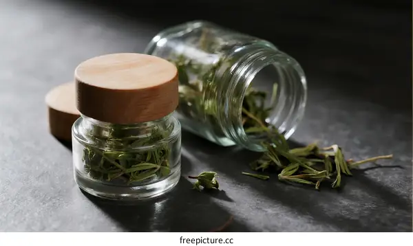 Glass jars filled with dried herbs and wooden lids on dark table
