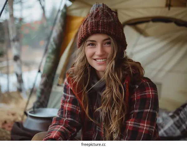 Young woman with long hair smiling while camping in the woods