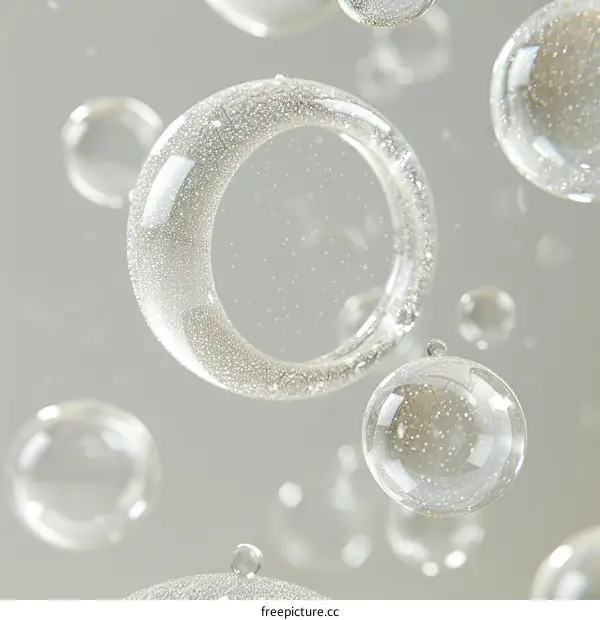 Floating Clear Soap Bubbles Against a Gray Background