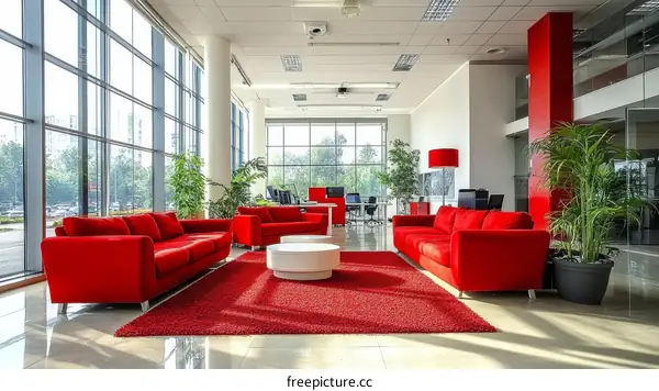 Modern Office Lounge with Red Sofas and Large Windows