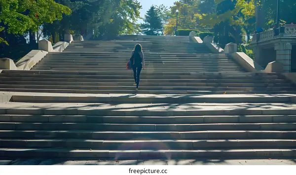 Woman Walking Up Stone Steps in Park