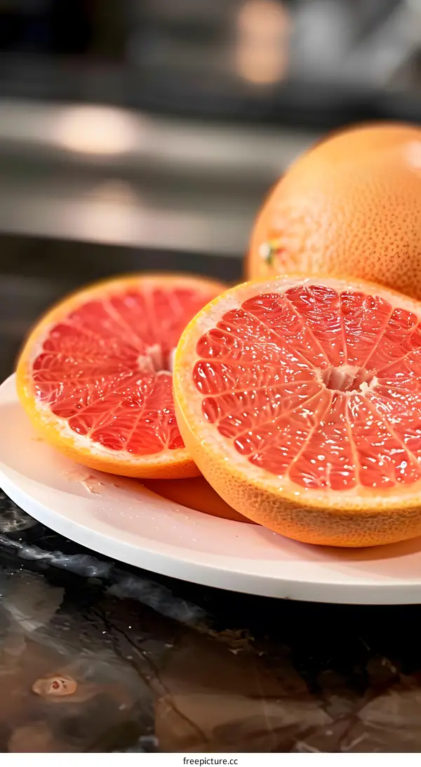 Freshly Cut Pink Grapefruit on a White Plate