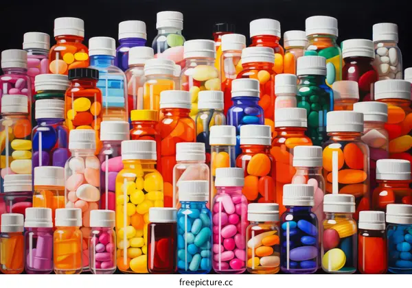 Colorful pills and capsules in plastic bottles