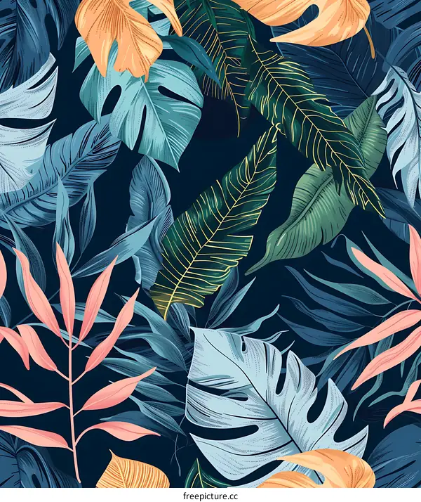 Tropical Leaves Seamless Pattern Dark Blue Background