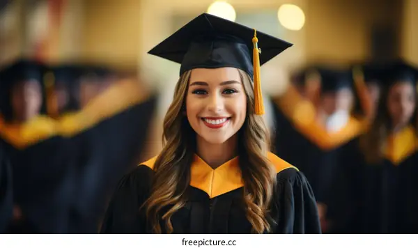Happy Graduates in Cap and Gown at Graduation Ceremony