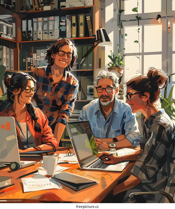 Four people in a room with a computer