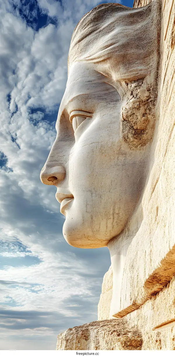 Close Up of a Stone Statue of a Woman Against a Blue Sky