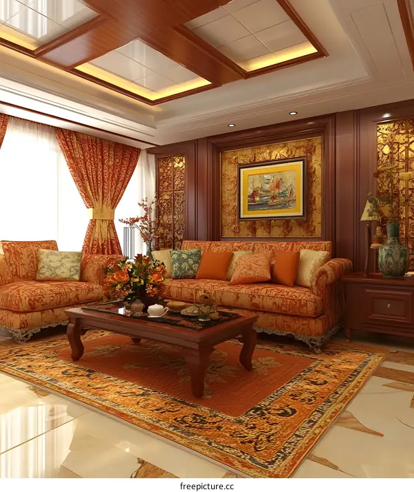 Luxury Living Room Interior Design With Wooden Ceiling and Ornamental Carvings