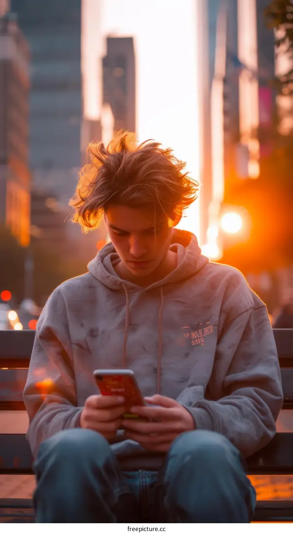 Young man sitting on bench in city, looking at phone with orange blurred background