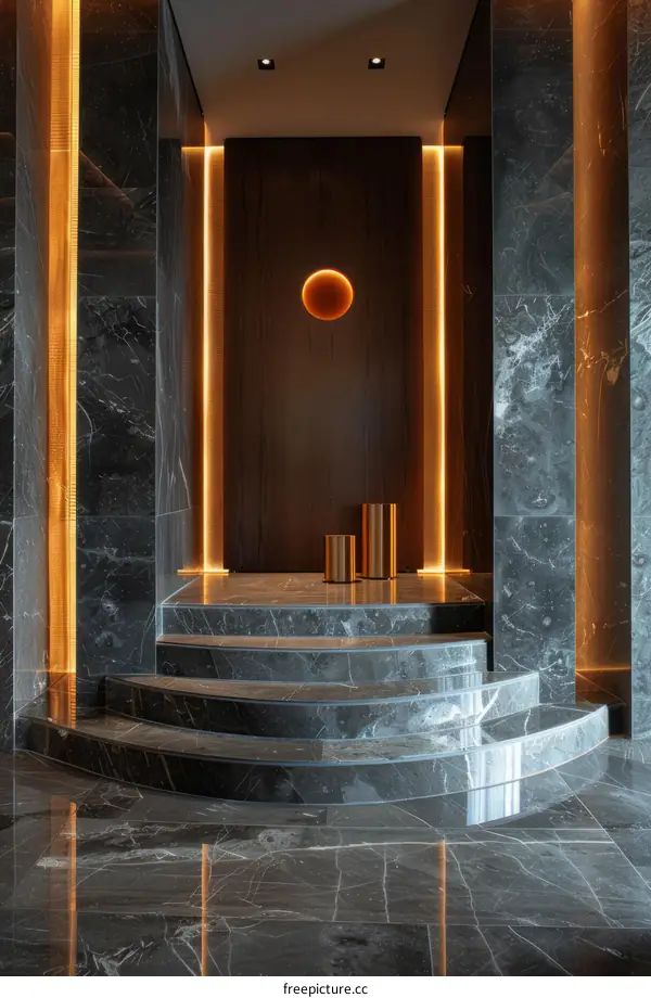 Dark Marble Staircase with Accent Lighting